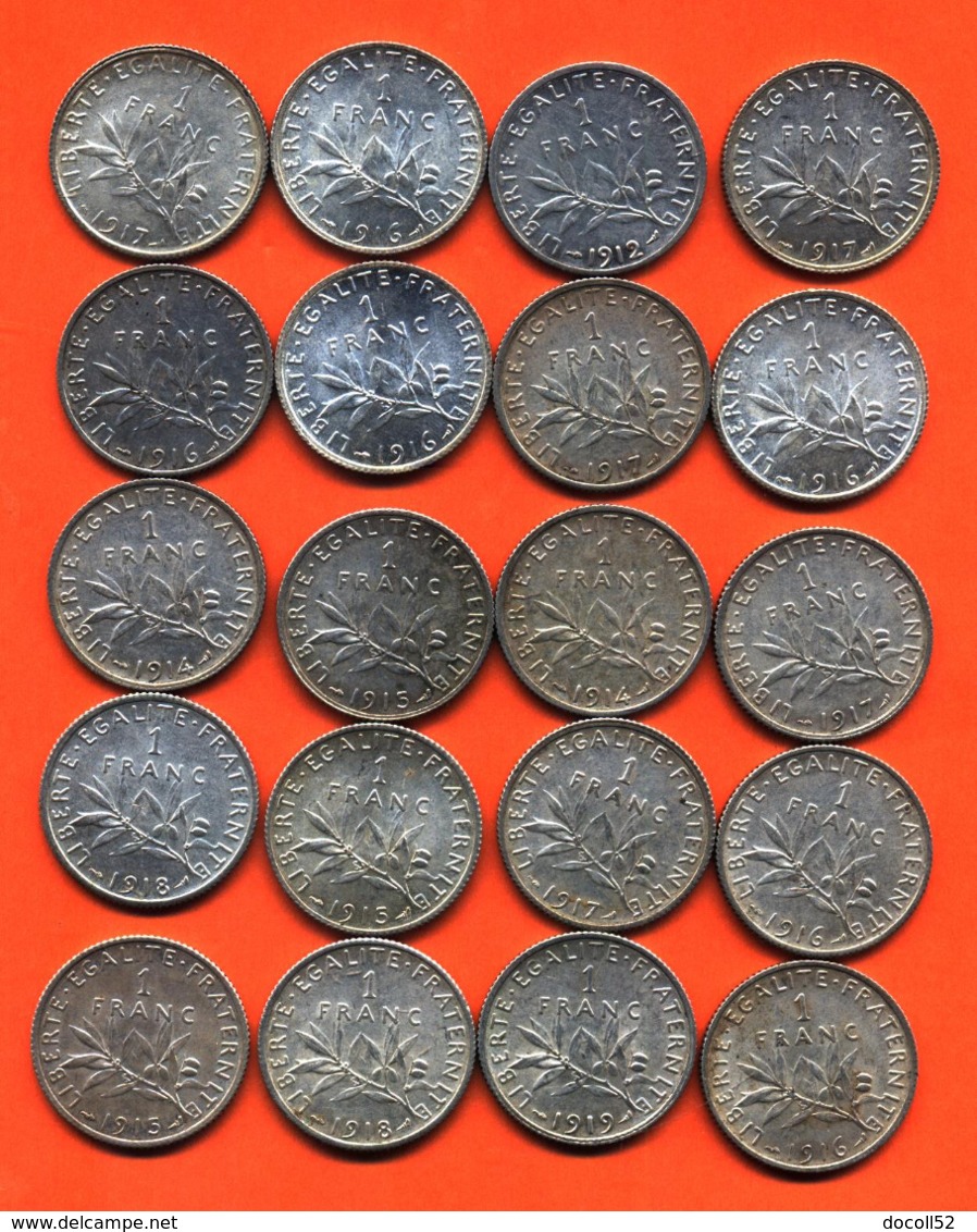 Lot De 20 Monnaies De 1 Franç Semeuse Argent Années 1912 à 1919 - 100 Grammes D'argent - Lot N° 9 - Collections