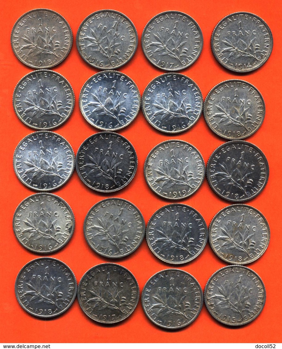 Lot De 20 Monnaies De 1 Franç Semeuse Argent Années 1914 à 1919 - 100 Grammes D'argent - Lot N°10 - Collections