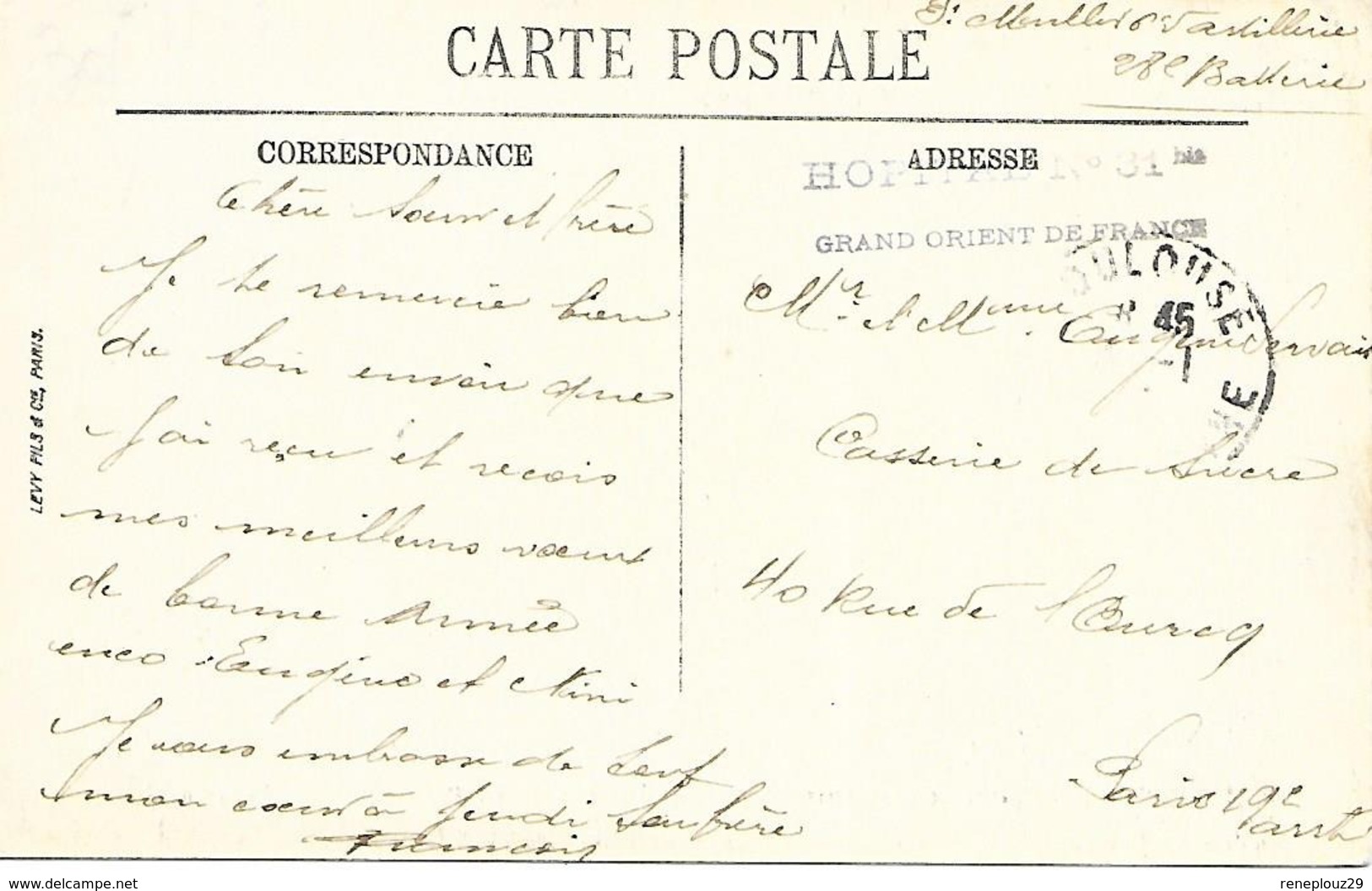 31-cachet Hôpital N°31 Bis -Grand Orient De France Sur Belle CP De Toulouse En 14/18 - WW I