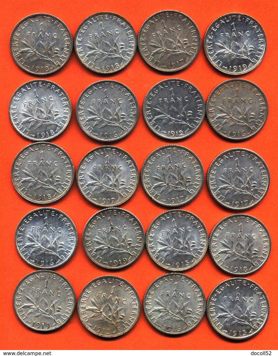 Lot De 20 Monnaies De 1 Franç Semeuse Argent Années 1912 à 1919 - 100 Grammes D'argent - Lot N°11 - Collections