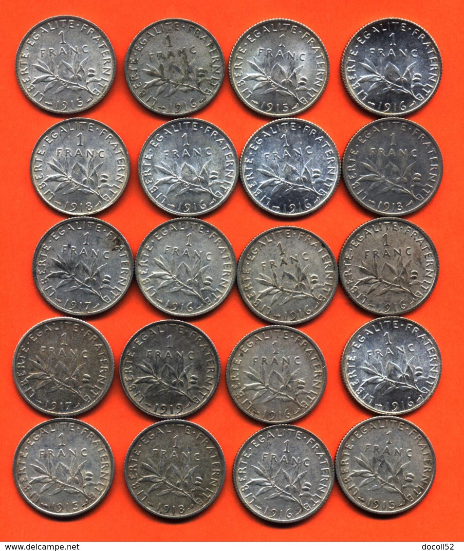 Lot De 20 Monnaies De 1 Franç Semeuse Argent Années 1913 à 1919 - 100 Grammes D'argent - Lot N°14 - Collections