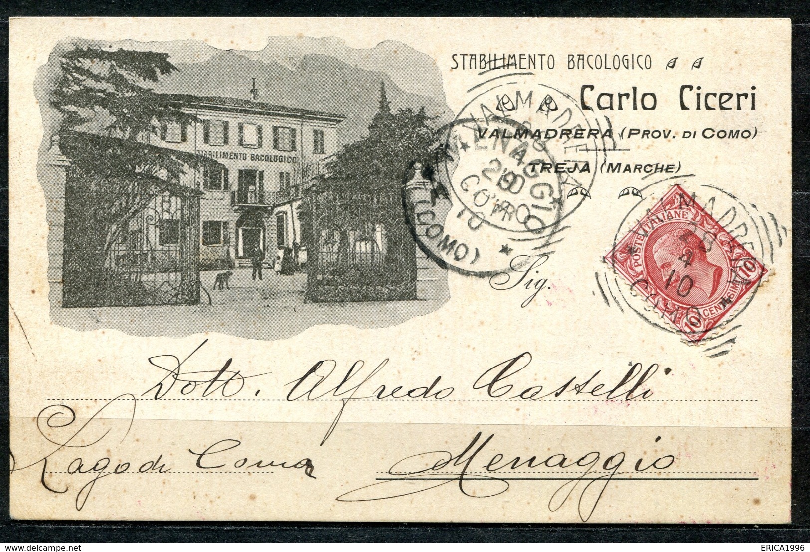 CARTOLINA - Z1667 VALMADRERA (Lecco LC) Stabilimento Bacologico Carlo Ciceri, FP, Viaggiata 1910 Per Menaggio, Ottime Co - Lecco