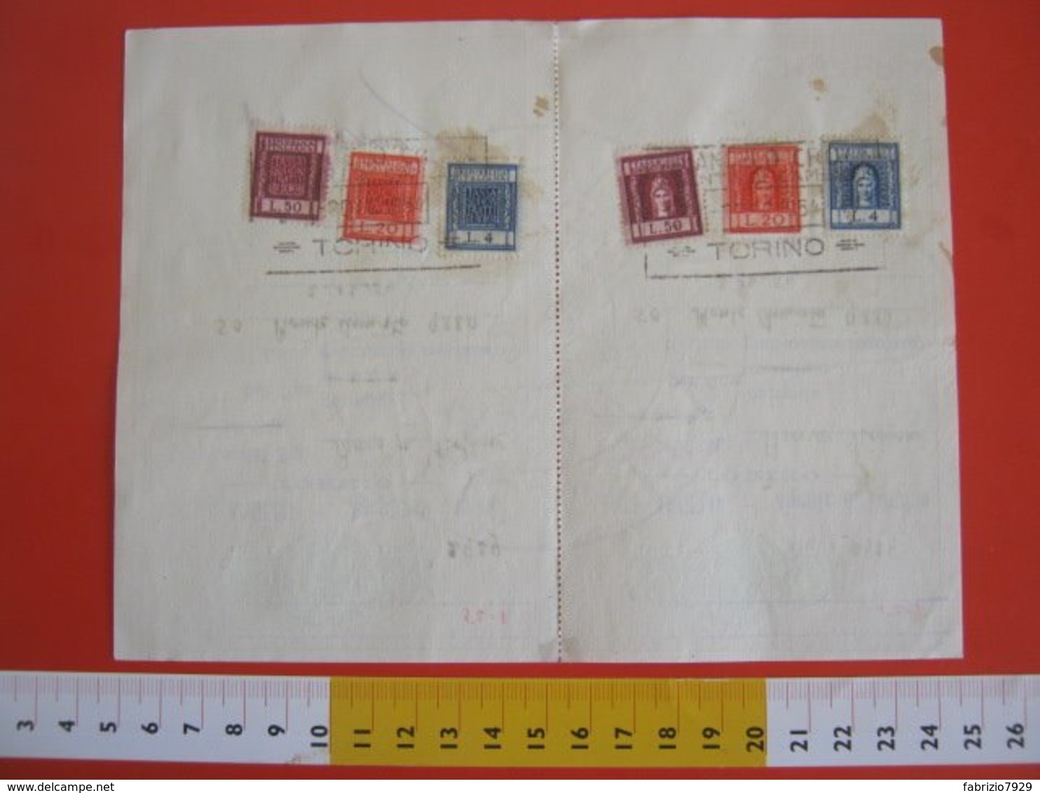 GCB ITALIA REP. 1954 MARCA FISCALE CONTRATTI BORSA 4 + 20 + 50 LIRE SU FISSATO BOLLATO 1 LIRA PARTE DESTRA SINISTRA UNIT - Revenue Stamps