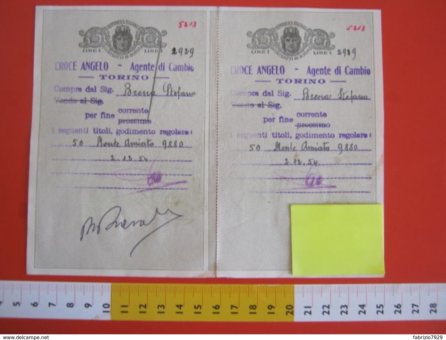GCB ITALIA REP. 1954 MARCA FISCALE CONTRATTI BORSA 4 + 20 + 50 LIRE SU FISSATO BOLLATO 1 LIRA PARTE DESTRA SINISTRA UNIT - Revenue Stamps