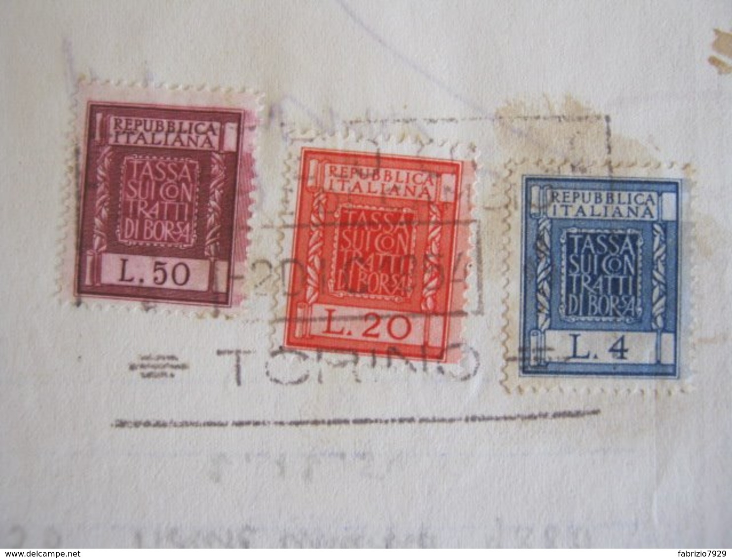 GCB ITALIA REP. 1954 MARCA FISCALE CONTRATTI BORSA 4 + 20 + 50 LIRE SU FISSATO BOLLATO 1 LIRA PARTE DESTRA SINISTRA UNIT - Revenue Stamps