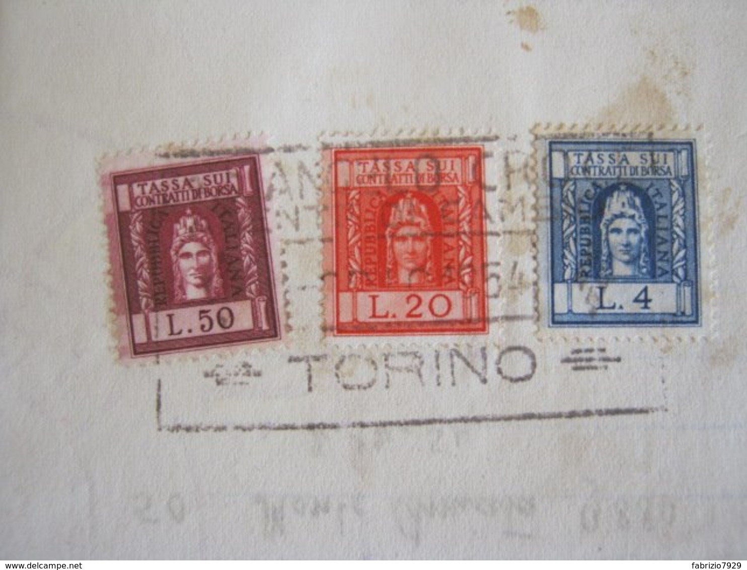 GCB ITALIA REP. 1954 MARCA FISCALE CONTRATTI BORSA 4 + 20 + 50 LIRE SU FISSATO BOLLATO 1 LIRA PARTE DESTRA SINISTRA UNIT - Revenue Stamps