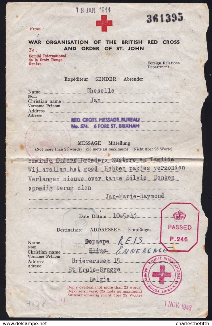 MILITARIA BRIXHAM MESSAGE CROIX ROUGE RED CROSS LETTRE COVER 1943 TO BRUGGE ( BRUGES ) DIVERS TAMPON - CENSURE - Documents Historiques