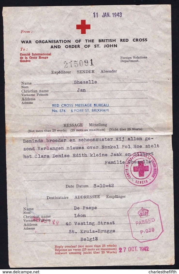 MILITARIA BRIXHAM MESSAGE CROIX ROUGE RED CROSS LETTRE COVER 1942 TO BRUGGE ( BRUGES ) DIVERS TAMPON - CENSURE - Historical Documents