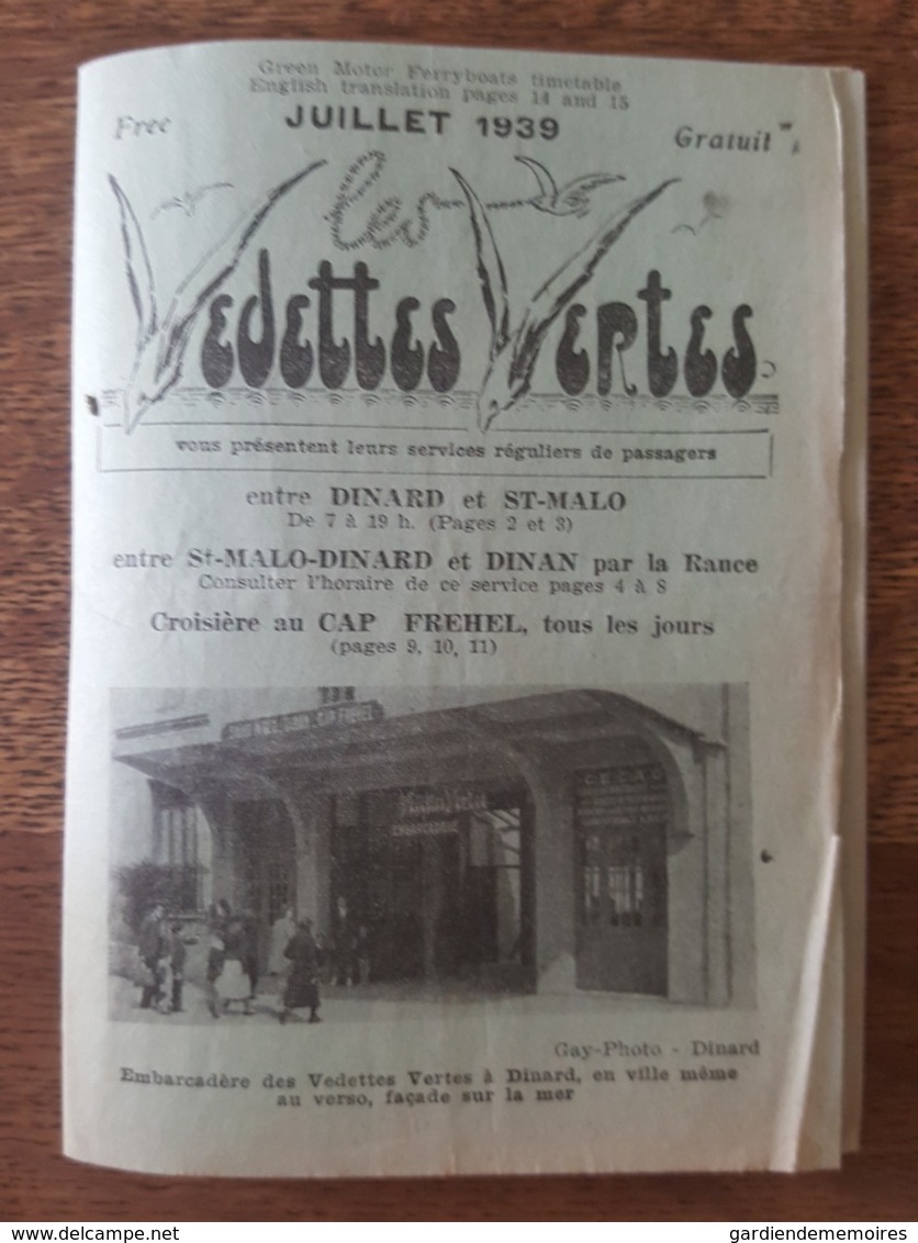 Horaires & Tarifs Juillet 1939 - Vedettes Vertes Dinard, Saint Malo, Dinan, Cap Fréhel - Bateau Solidor Fée Des Greves - Europe