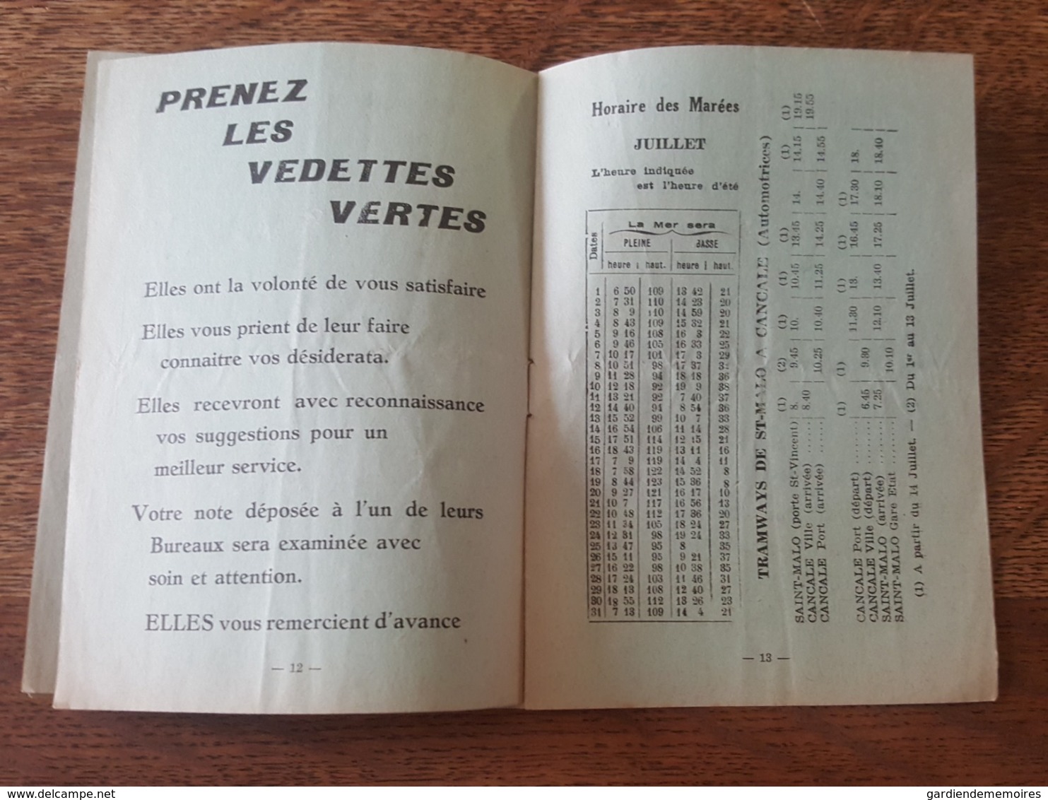 Horaires & Tarifs Juillet 1939 - Vedettes Vertes Dinard, Saint Malo, Dinan, Cap Fréhel - Bateau Solidor Fée des Greves