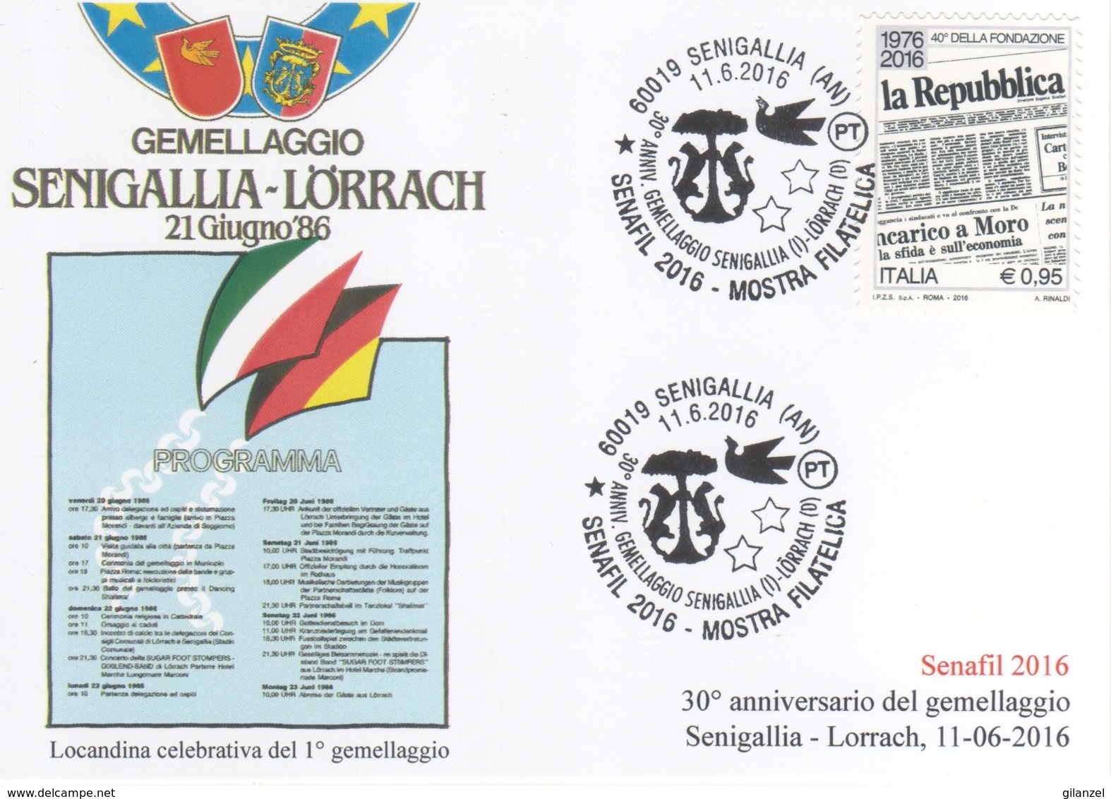 Italia 2016 30° Anniversario Gemellaggio Senigallia - Lorrach Annullo Cartolina - Buste