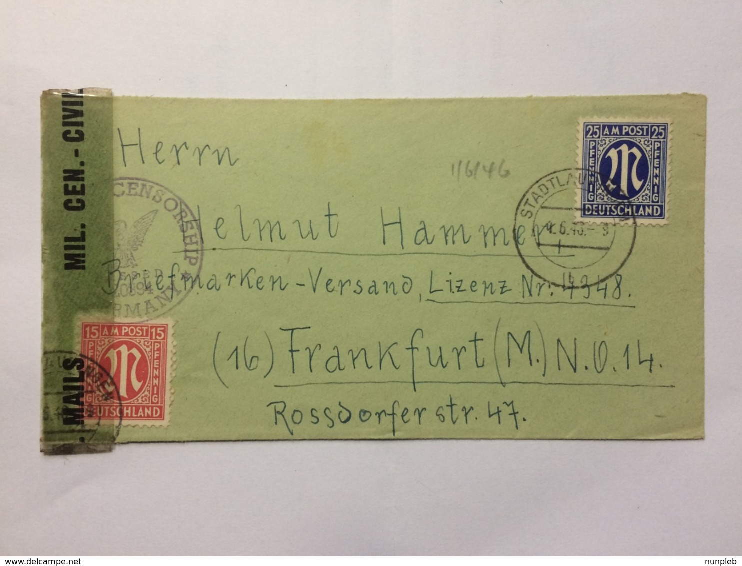 GERMANY 1946 Allied Cover Stadtlauringen To Frankfurt With Censor Cachet And Tape - Altri & Non Classificati