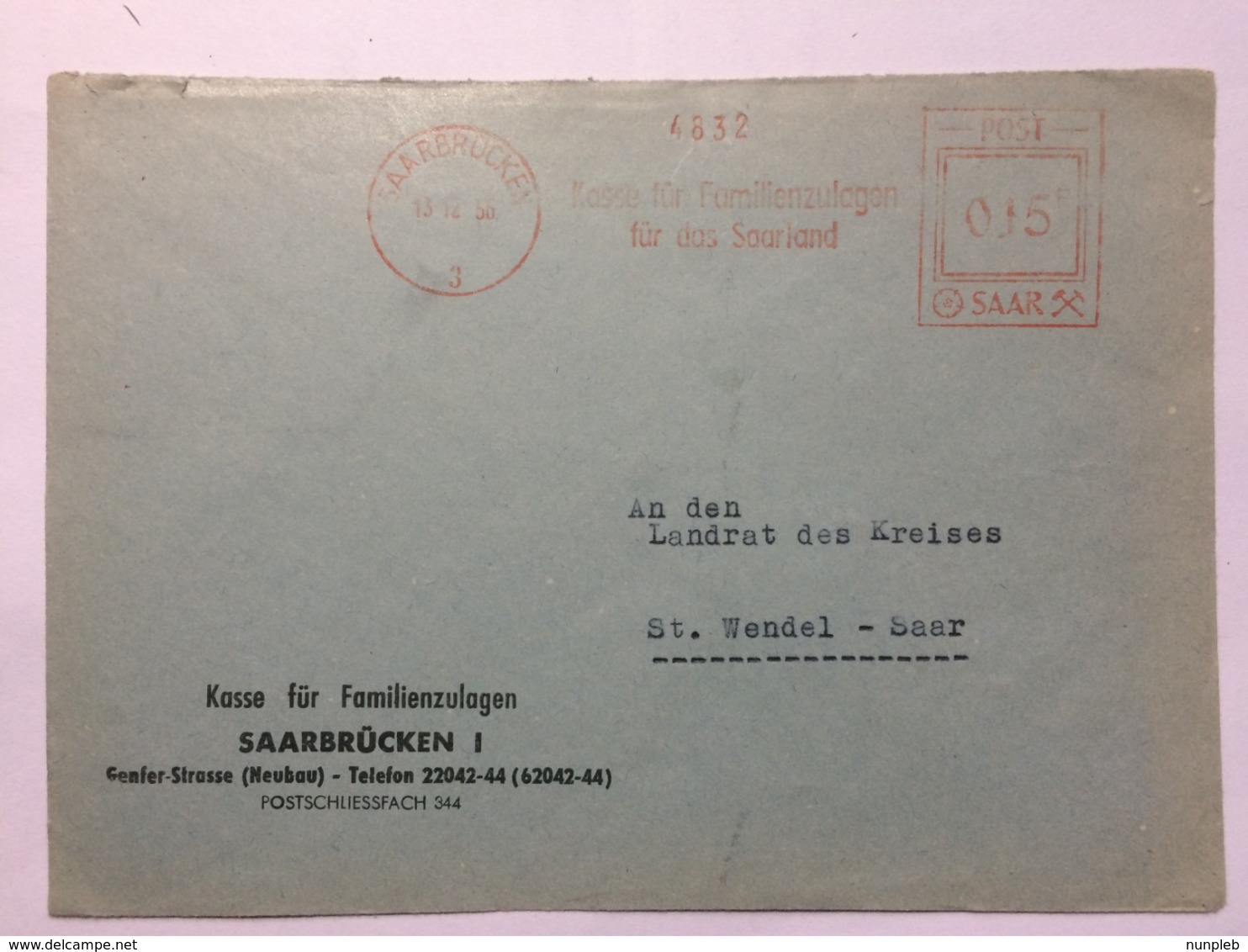 SAAR 1956 Cover Saarbrucken Meter Mark To St. Wendel - Briefe U. Dokumente