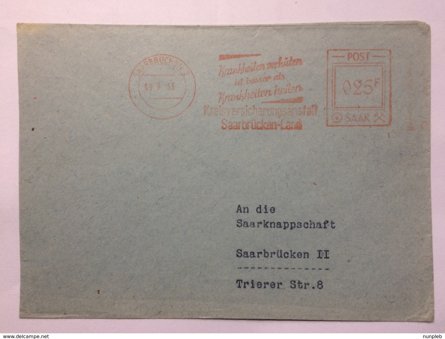 SAAR 1953 Cover Saarbrucken Meter Mark Internal - Covers & Documents