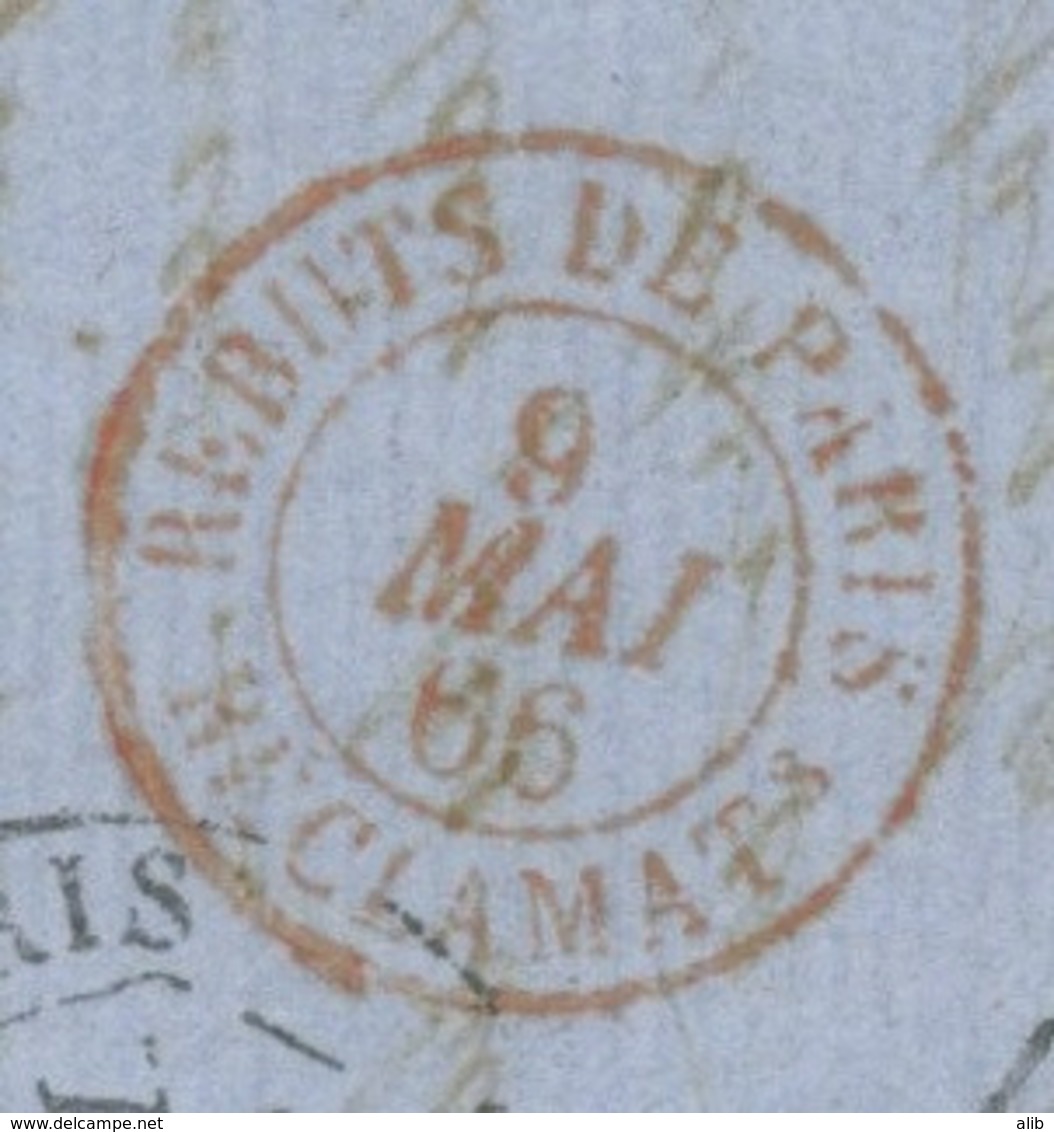 Lettre France 20c Bleu No22-Au Dos Rebuts De Paris Reclamat-rouge-1953 Ind Pothion 7+ Paris SC En Rouge (1356 ,rare). - 1849-1876: Klassik