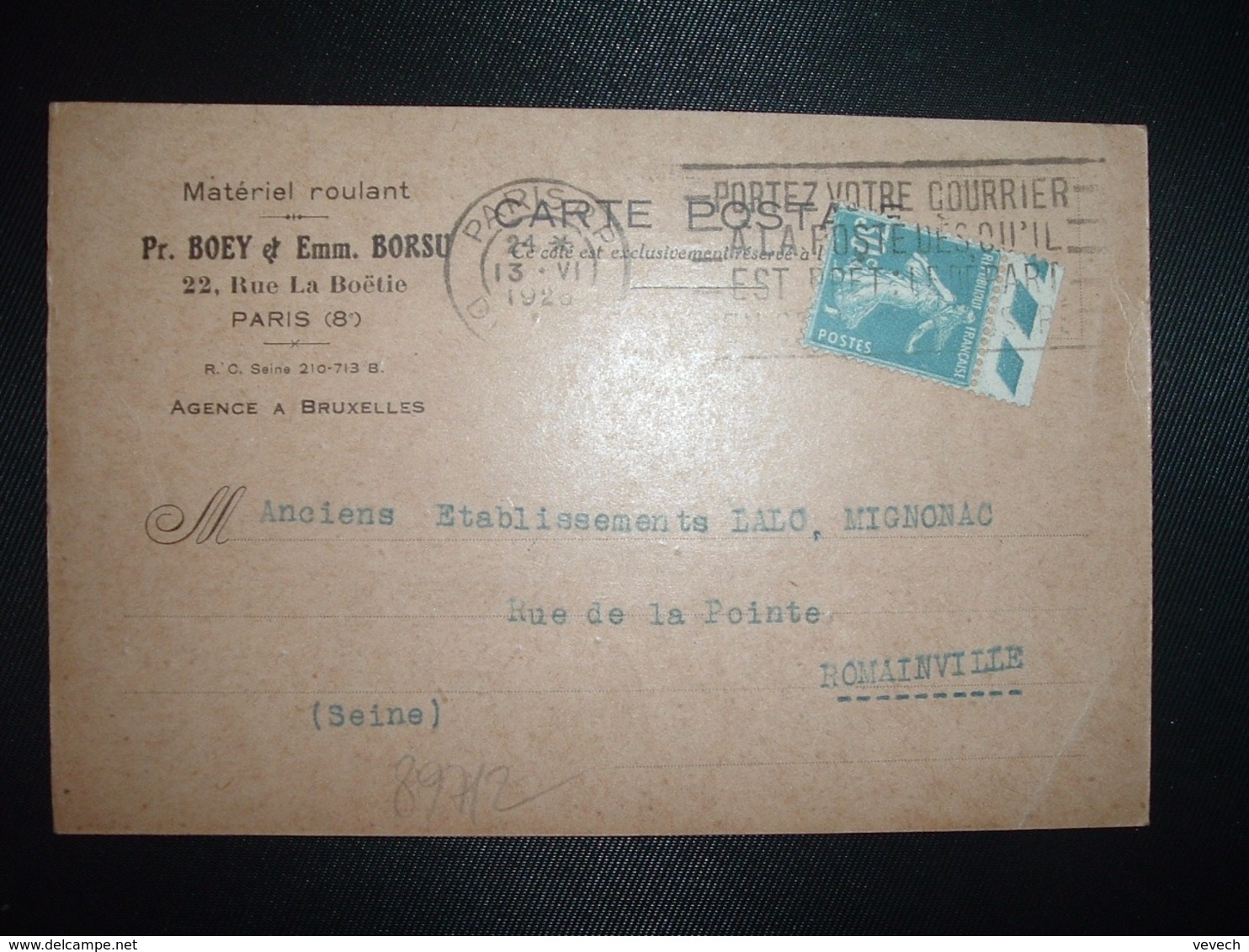 CP TP SEMEUSE 30c OBL.MEC.13 VI 1926 PARIS RP DEPART + Matériel Ruolant Pr. BOEY & Emm. BORSU - Autres & Non Classés