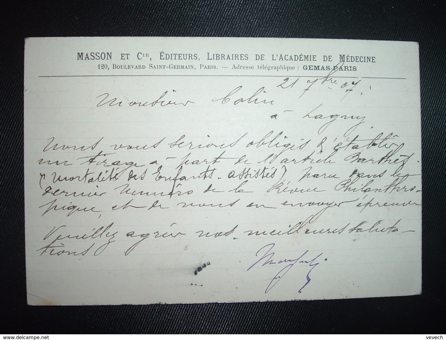 CP TP SEMEUSE 10c OBL.4-9 07 PARIS 25 + MASSON ET Cie EDITEURS LIBRAIRES DE L'ACADEMIE DE MEDECINE + LAGNY (77) - Otros & Sin Clasificación