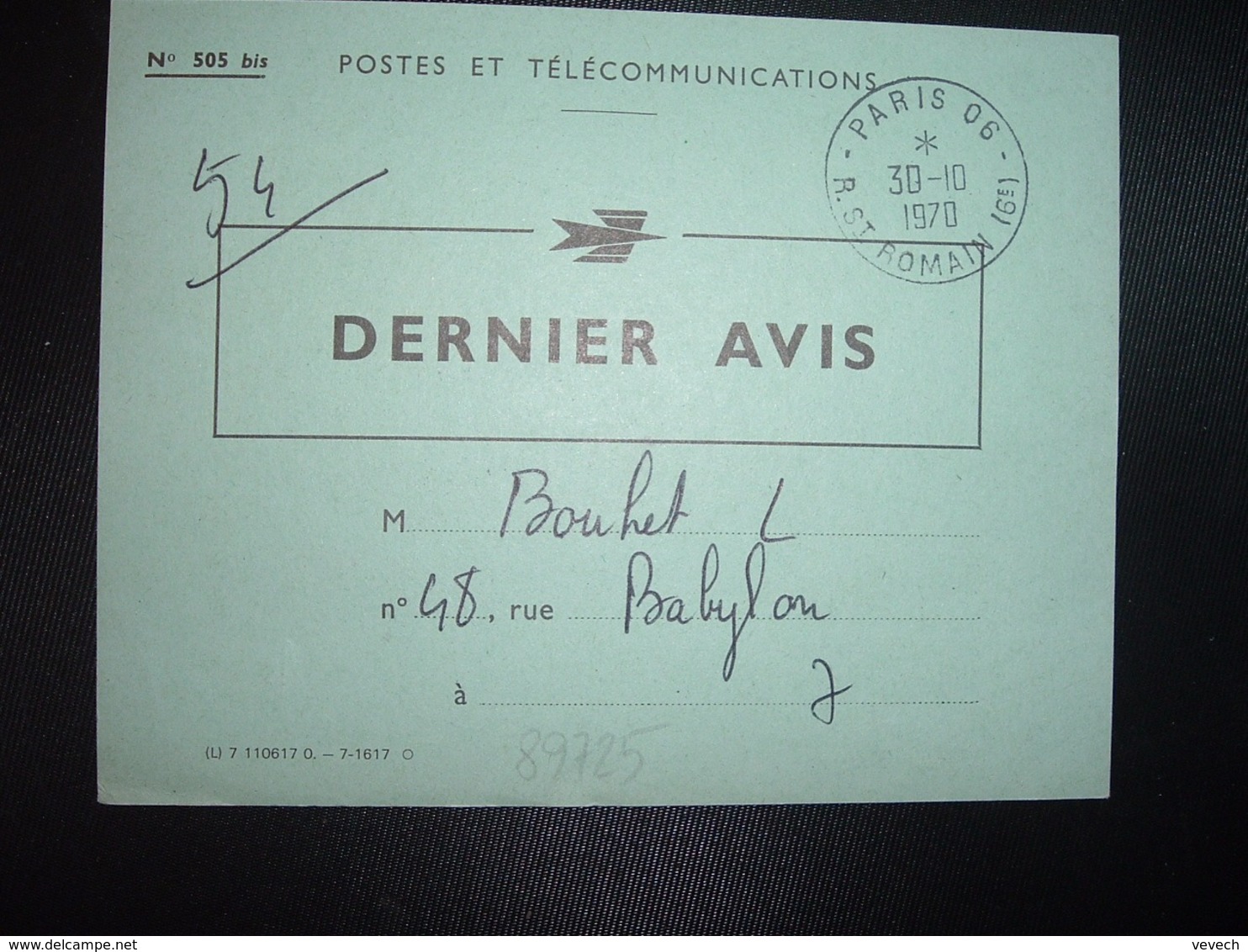 DERNIER AVIS OBL.30-10 1970 PARIS 06 + Dateurs 19 OCT 1970 + 4 NOV 1970 - Autres & Non Classés