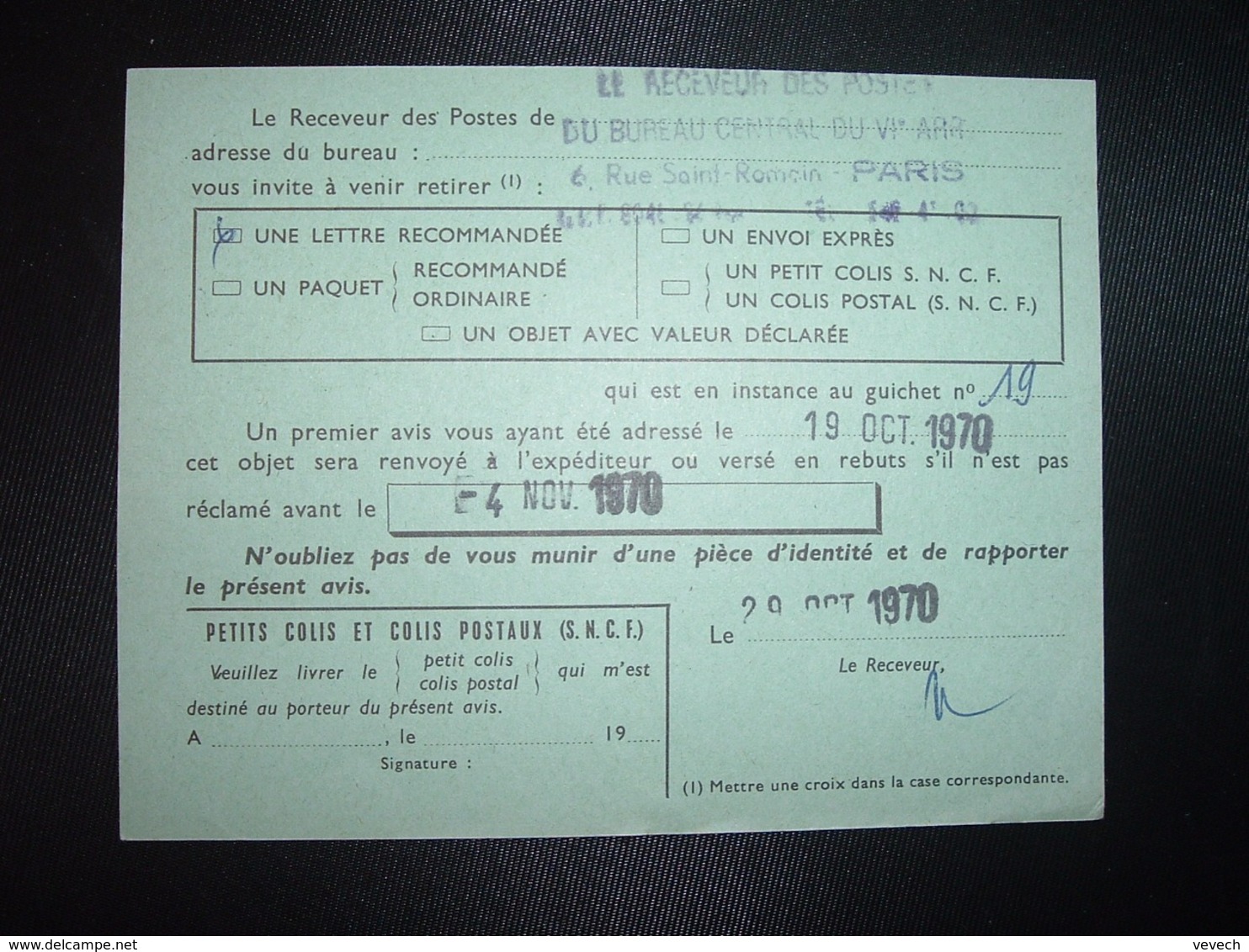 DERNIER AVIS OBL.30-10 1970 PARIS 06 + Dateurs 19 OCT 1970 + 4 NOV 1970 - Autres & Non Classés