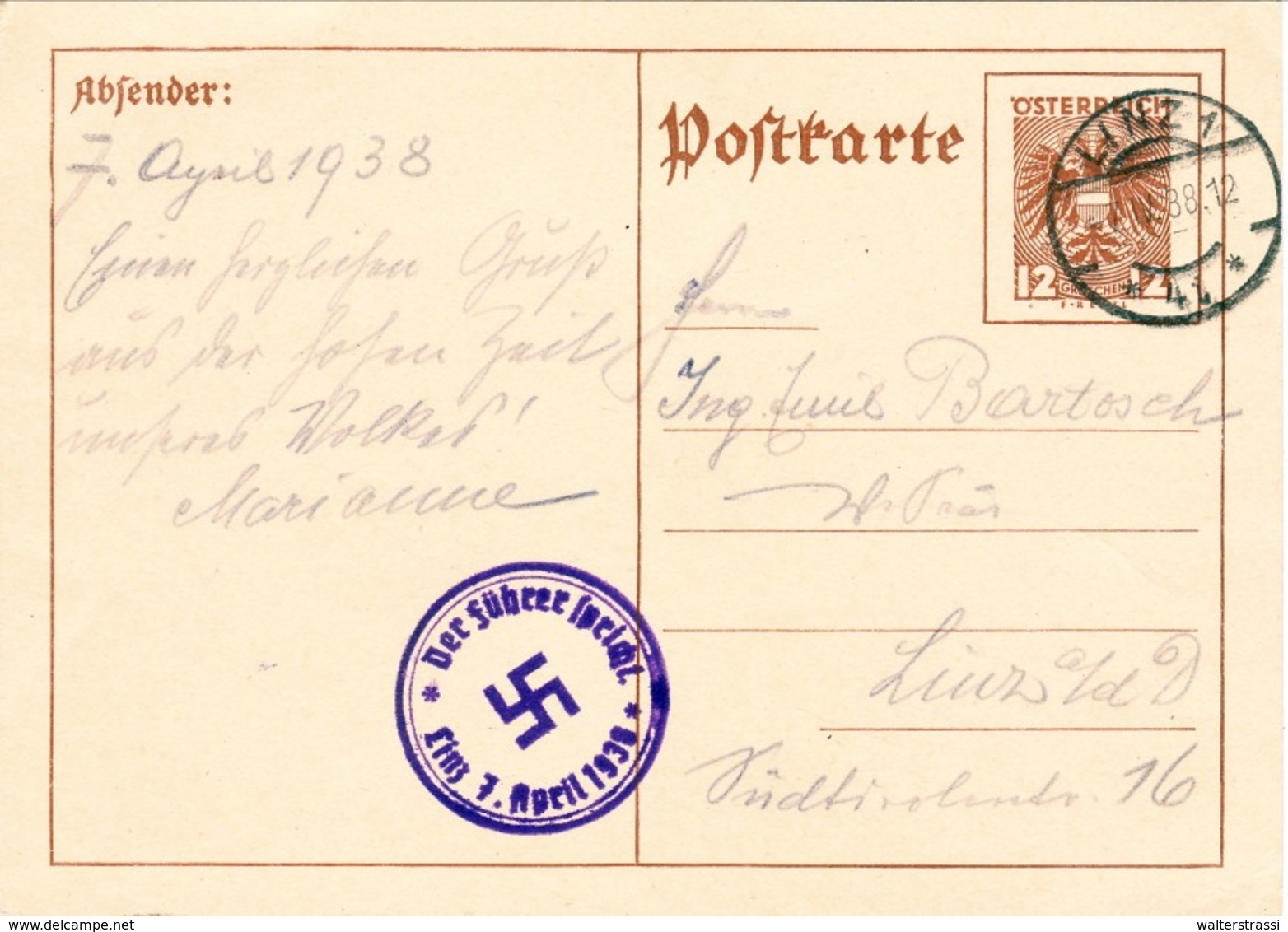 III. Reich, Ostmark, Ganzsache 12 Groschen Mit Stempel " Der Führer Spricht " Linz / Donau 1938 - Storia Postale