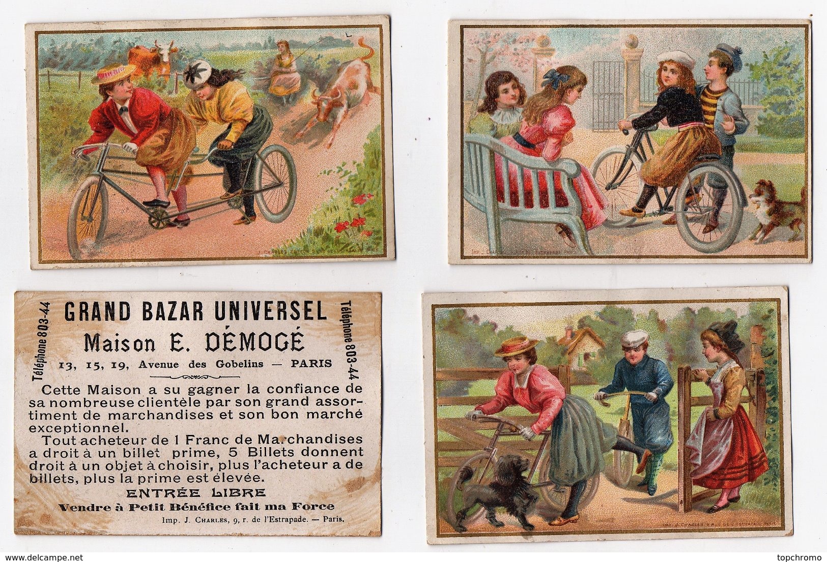 CHROMO Bazar Démogé Rue Des Gobelins Paris Enfants Filles Garçons Vélo Bicyclette Tandem Chien Vache Taureau (3 Chromos) - Otros & Sin Clasificación