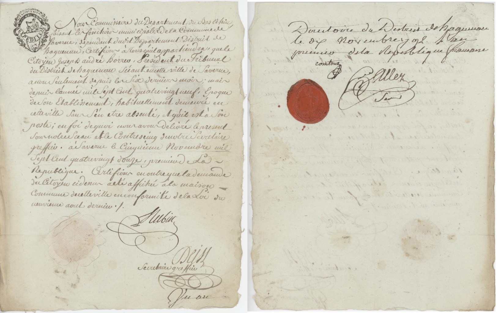 Papier Timbré 1792 Saverne Dépendant Du Tribunal De Haguenau - Sceau "fleur" & Cachet De Cire - Autres & Non Classés