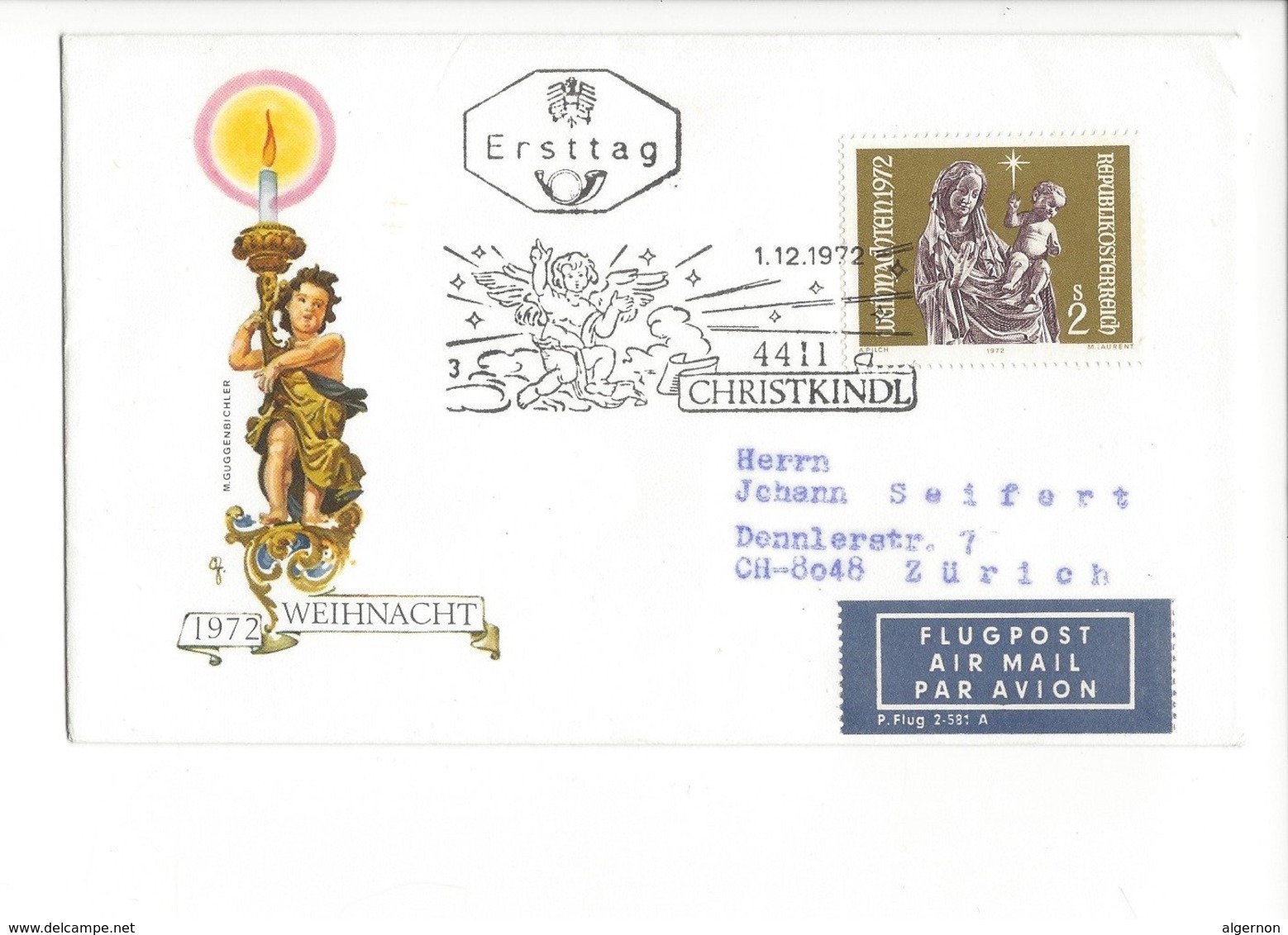 22344 - Christkindl Weihnacht 01.12.1972 Pour Zürich + Vignette Air Mail - Noël