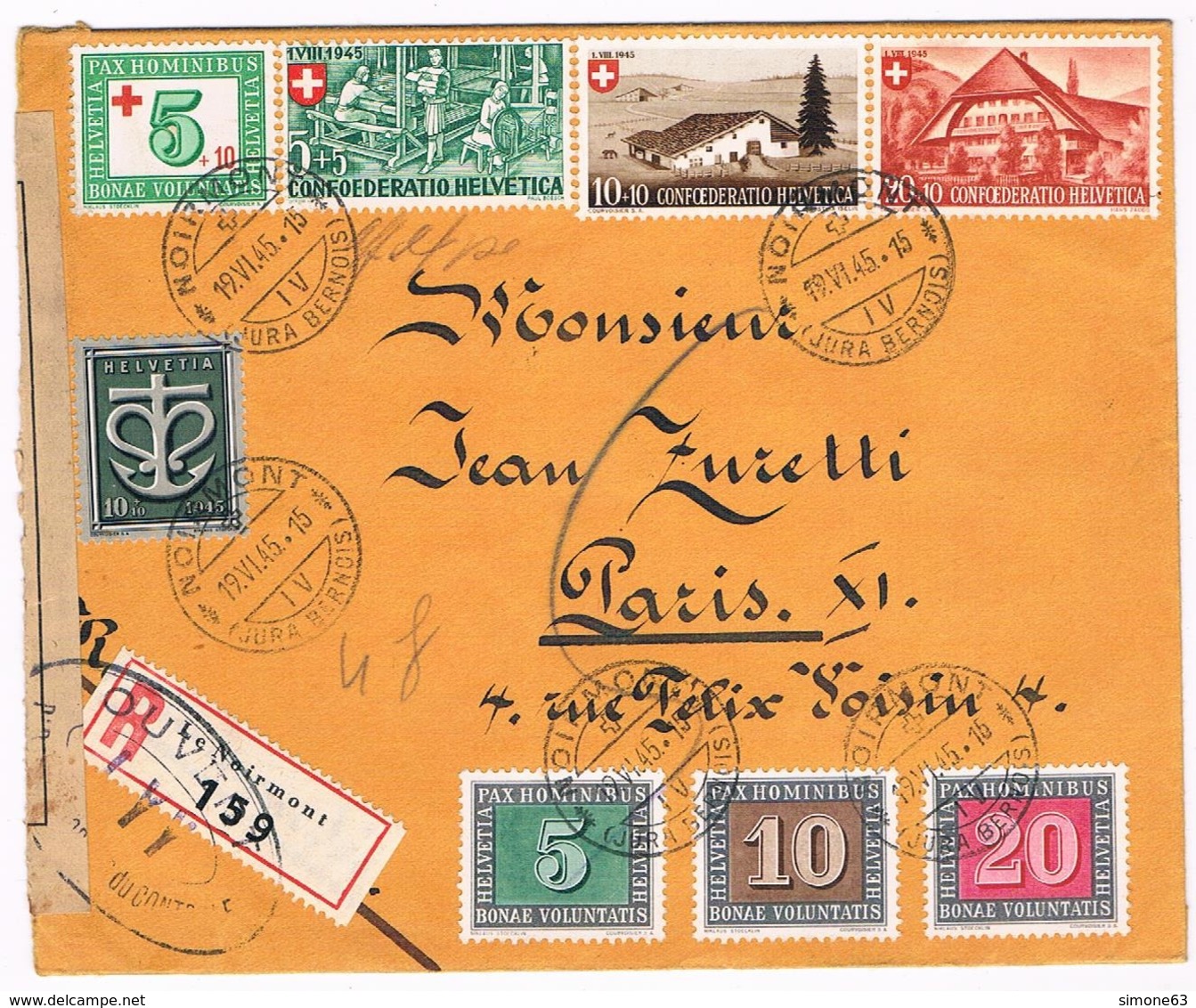 Lettre Recommandée  - Enveloppe - 1945 -  LE  NOIRMONT Pour PARIS - Croix Rouge - Belle  écriture - Timbres Suisse 1945 - Lettres & Documents