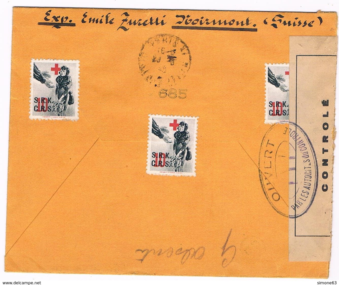 Lettre Recommandée  - Enveloppe - 1945 -  LE  NOIRMONT Pour PARIS - Croix Rouge - Belle  écriture - Timbres Suisse 1945 - Lettres & Documents