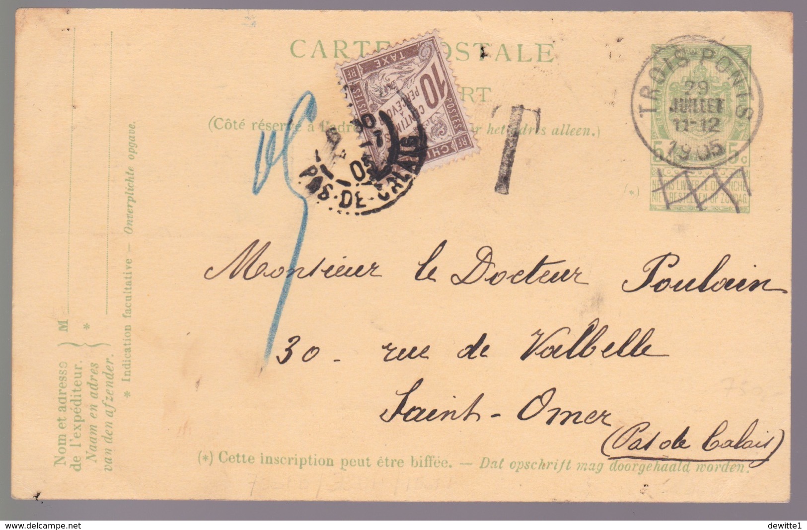 EP  Trois- Ponts Vers Saint-Omer +taxe Sur 29/7/1905 - Postcards 1871-1909