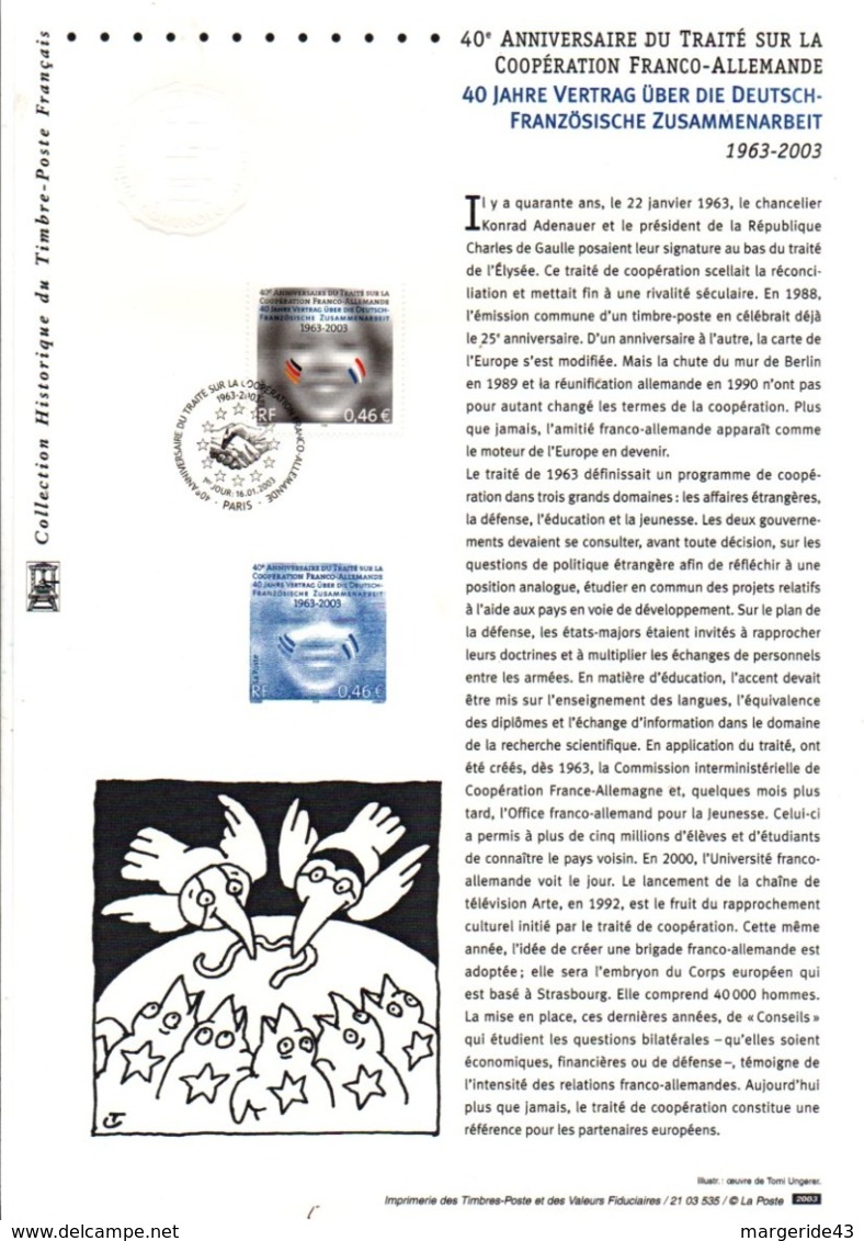 DOCUMENT FDC 2003 40 ANS TRAITE FRANCO-ALLEMAND - Documents De La Poste