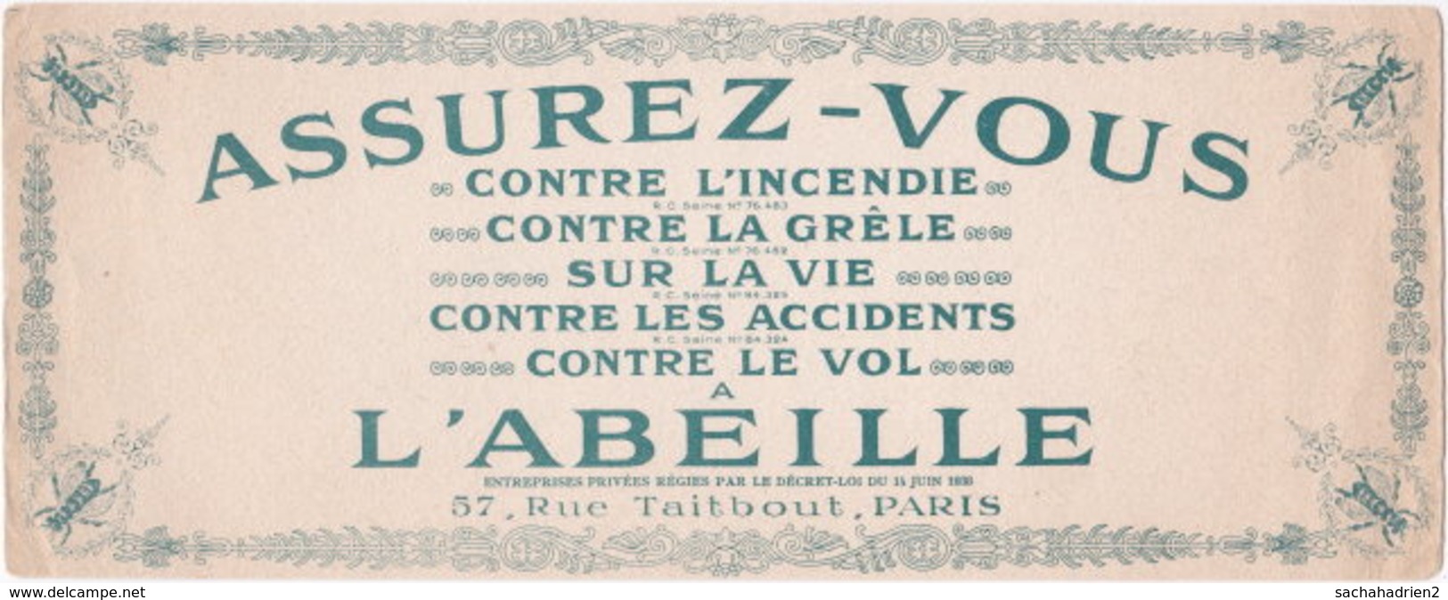 Buvard. Assurez-vous L'ABAEILLE.Paris - Banque & Assurance