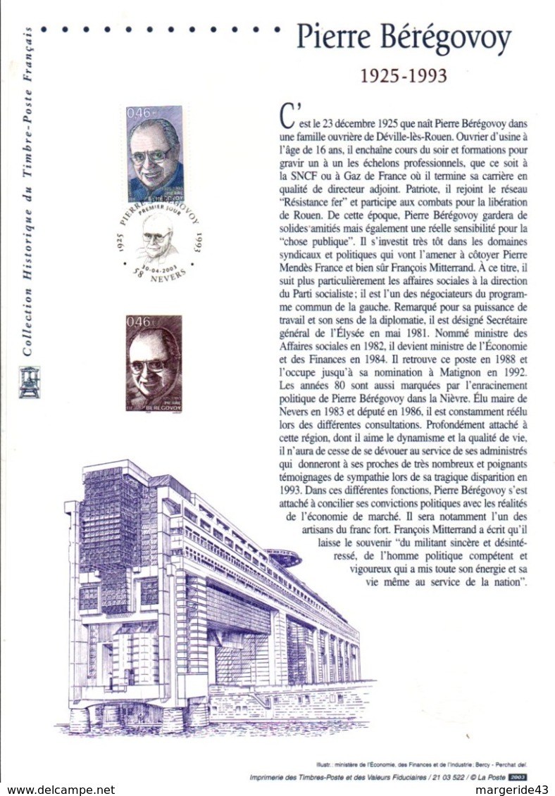 DOCUMENT FDC 2003 PIERRE BEREGOVOY - Documents De La Poste