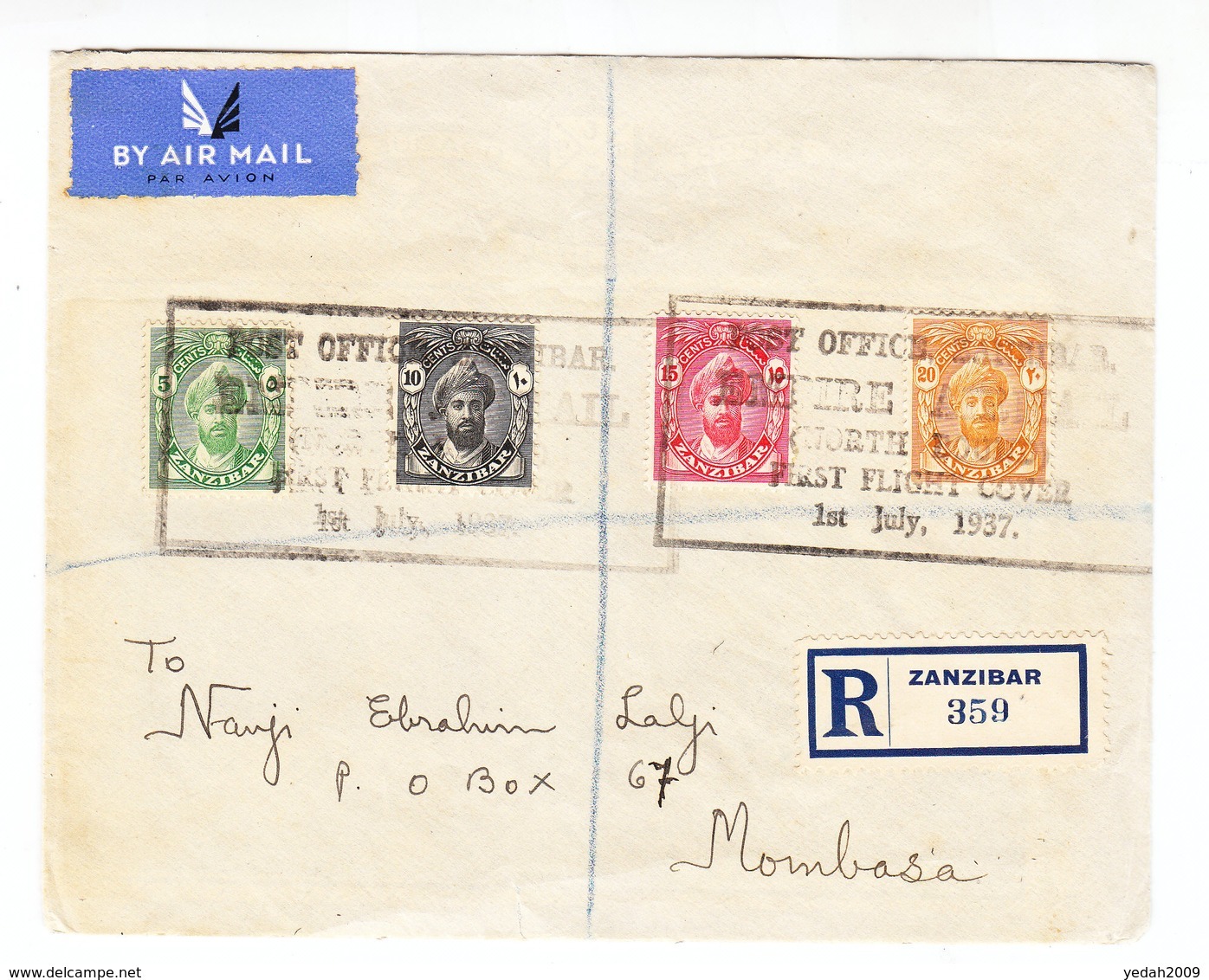 Zanzibar REGISTERED FIRST FLIGHT COVER 1937 - Zanzibar (...-1963)