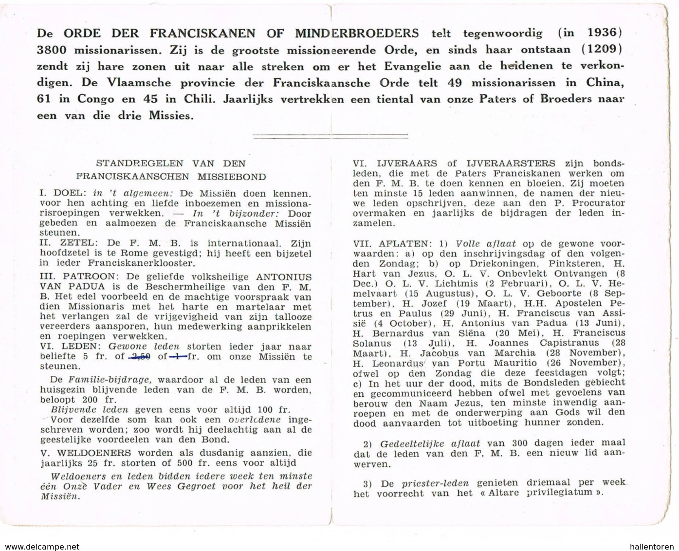 Antwerpen: 1945, Inschrijvingsbewijs Lid 'Franciscaanse Missiebond' ( 2 Scans) - Devotion Images