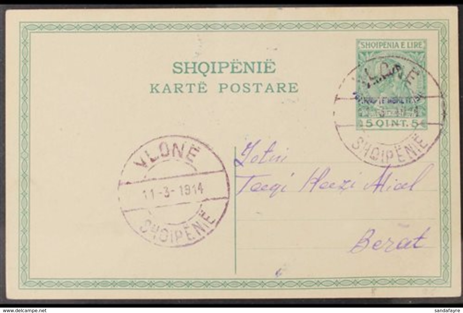 1914 RARE POSTAL STATIONERY. A Seldom Seen 5 Qint Green "7 Mars" Opt'd Postal Card, Michel P7, Very Fine Used Sent From  - Albania