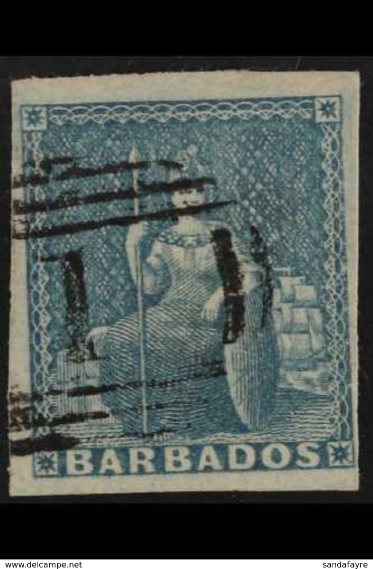 1852 (1d) Blue Britannia, SG 3, Very Fine Used With Clear To Large Margins All Round, Light "1" Barred Cancel & Good Col - Barbados (...-1966)