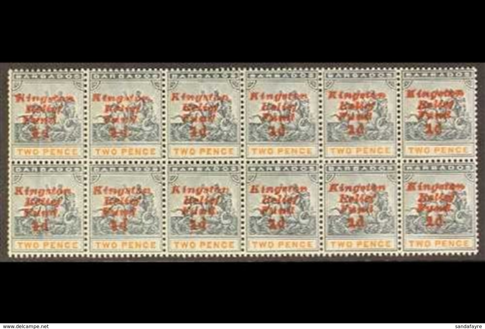 1907 MULTIPLE WITH VARIETIES KINGSTON RELIEF FUND, PART PANE Of 12 Stamps - Fifth Setting, Ovpt Upright, With Missing St - Barbados (...-1966)