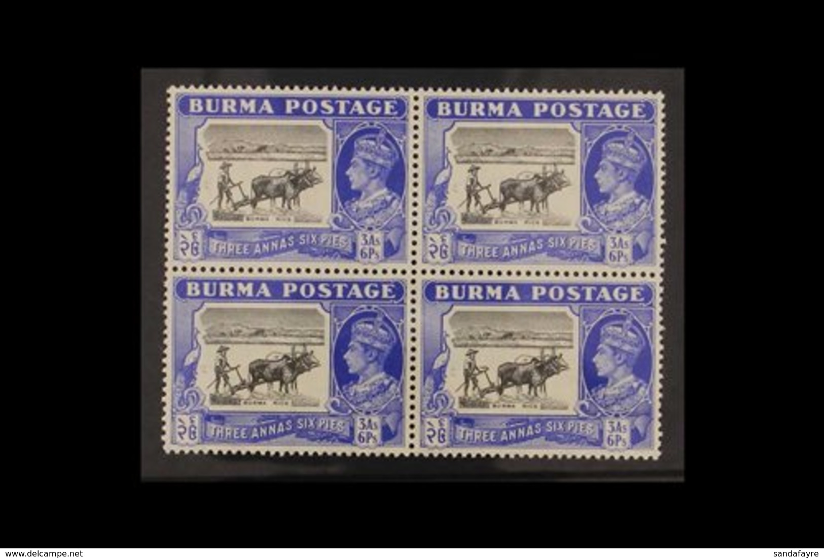 1946 Definitive 3a6p Black And Ultramarine, SG 57b, Never Hinged Mint Block Of Four Including "Curved Plough Handle" Var - Burma (...-1947)