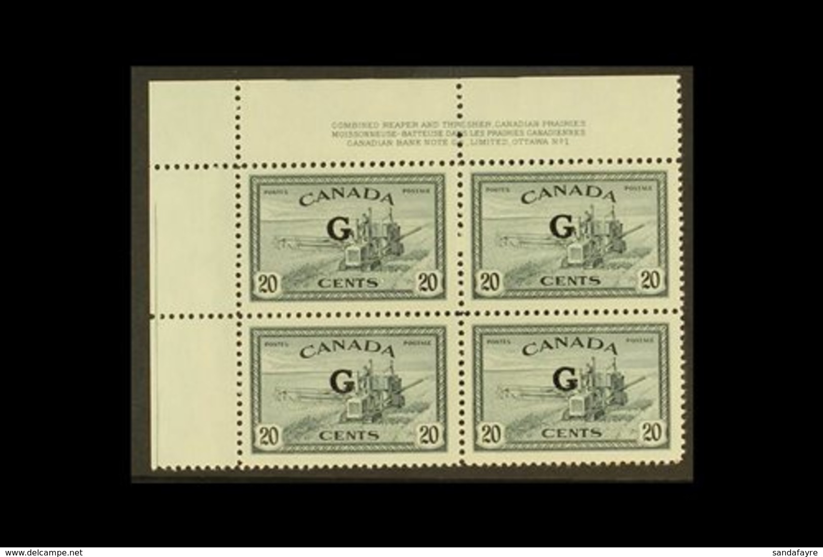 OFFICIAL 1950-52 20c Slate With "G" Overprint, SG O187, Top Left Corner PLATE BLOCK Of Four From Plate Number 1, Never H - Other & Unclassified