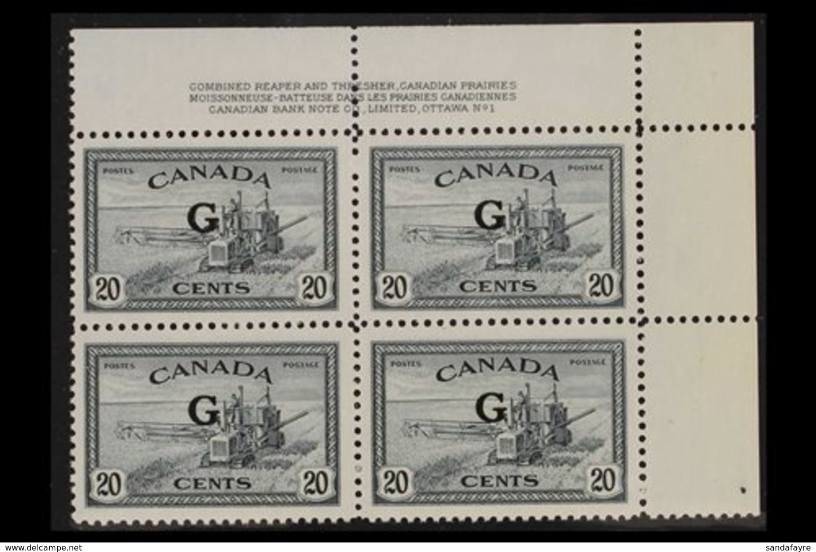 OFFICIALS 1950-52 20c Slate "Combine" Opt'd "G", SG O187, Never Hinged Mint Upper Right Imprint Corner Block Of Four. Lo - Other & Unclassified