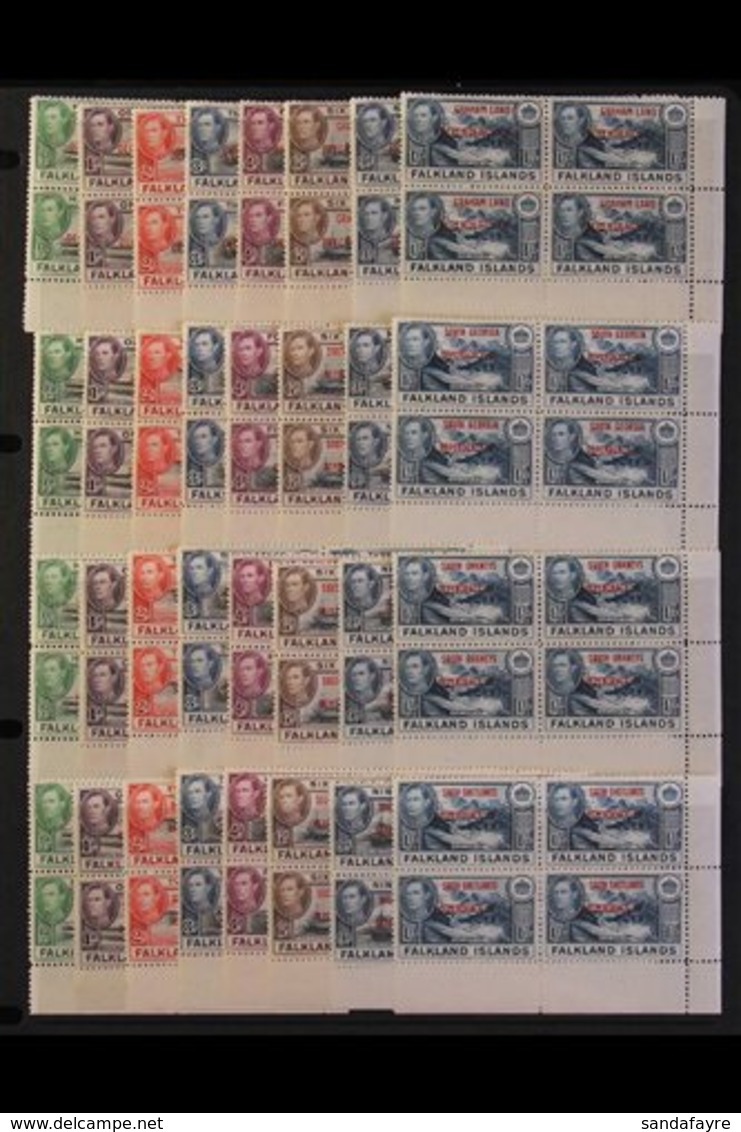 1944-45 Overprinted Sets For All Four Dependencies, SG A1/D8, In Matching Lower Right CORNER BLOCKS OF FOUR, Superb Neve - Falkland Islands