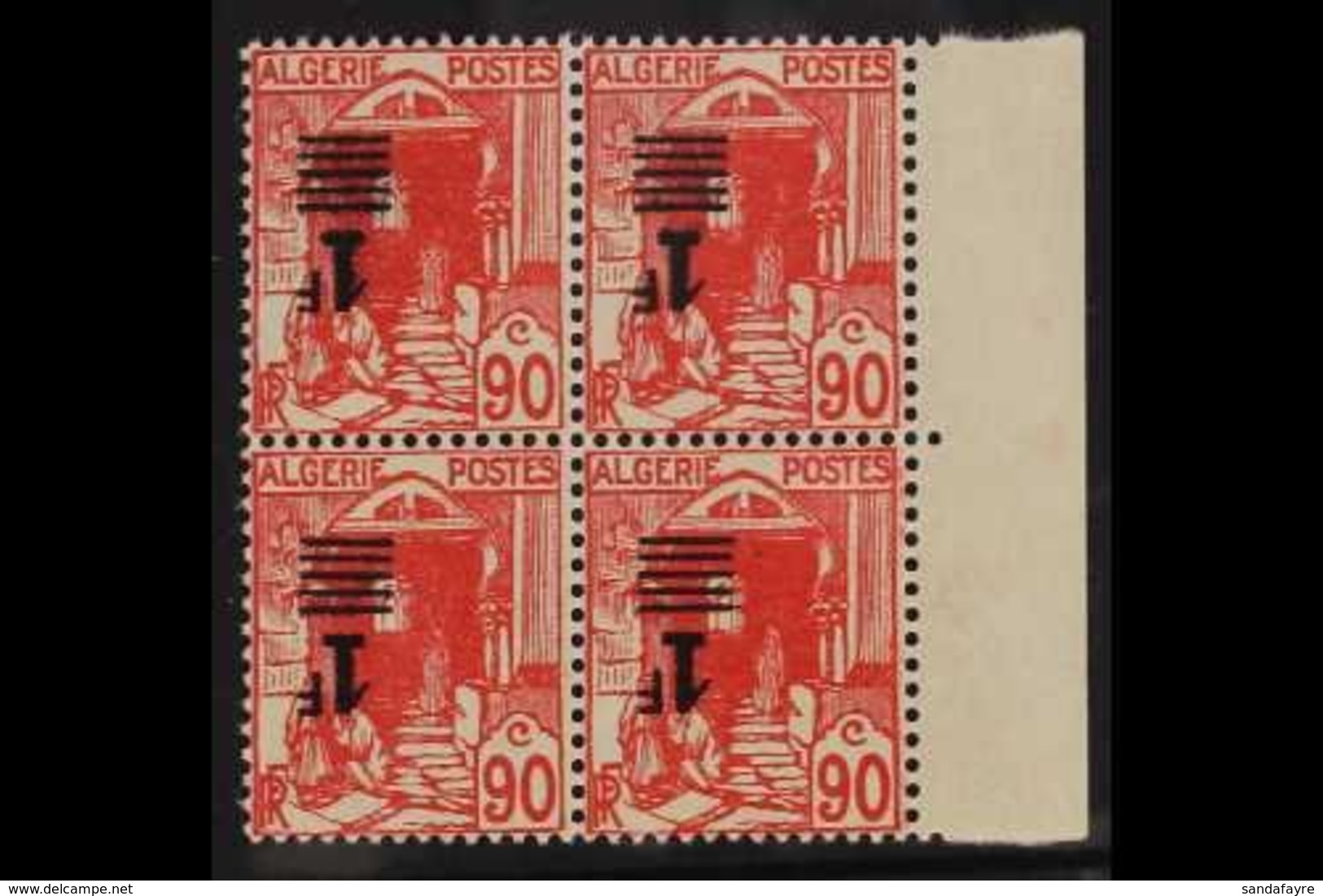 ALGERIA 1939-40 1f On 90c Red (type II Opt), Variety "INVERTED SURCHARGE", Yv 158A, Marginal BLOCK OF 4. Never Hinged Mi - Other & Unclassified