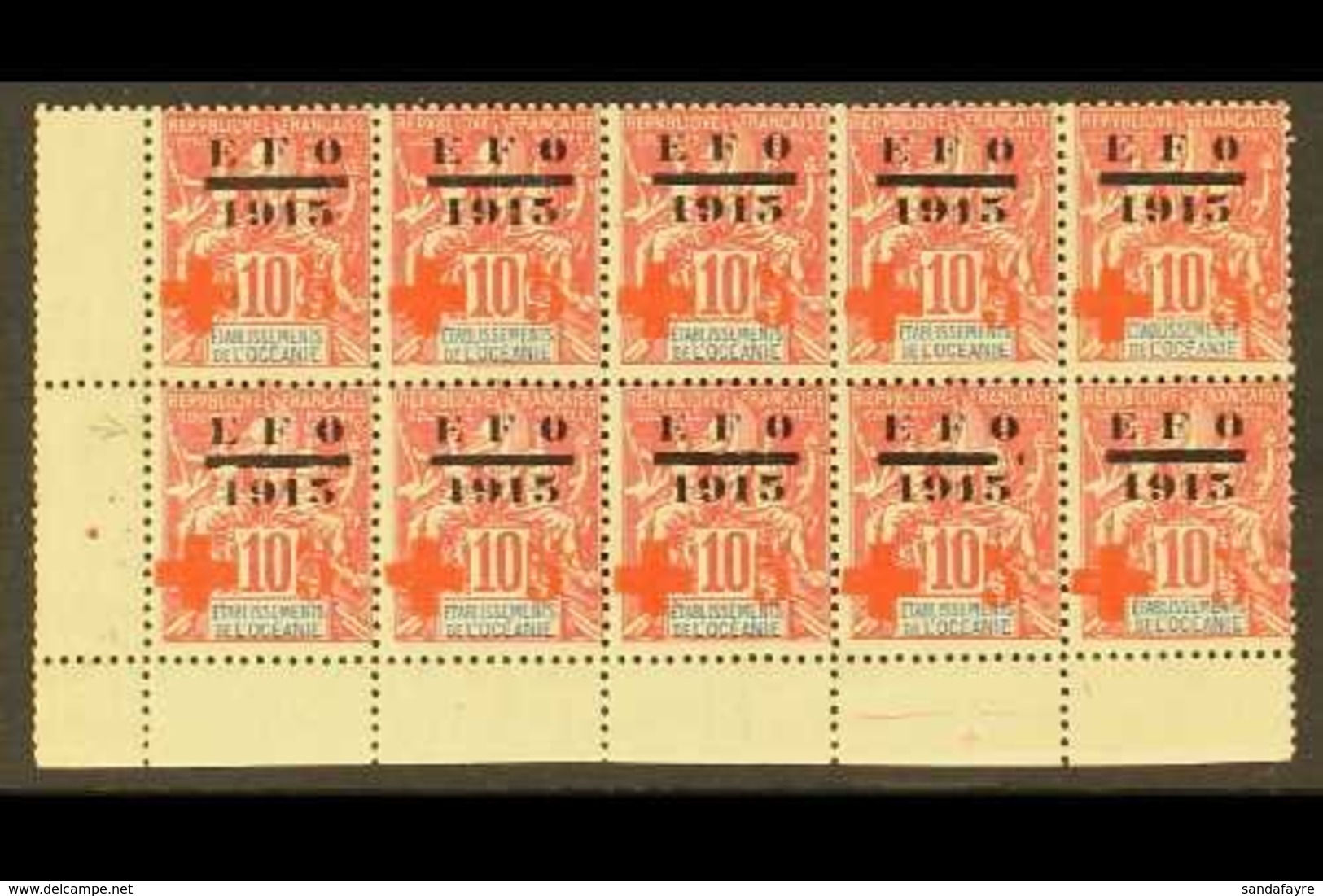 FRENCH OCEANIC SETTLEMENTS 1915 10c+5c Red Cross Surcharge Corner Block Of 10 With Missing Centre Bar Of "E" & Broken Ba - Altri & Non Classificati