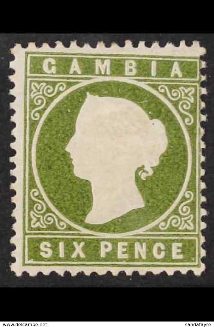 1886-93 6d Olive-green SLOPING LABEL Variety Position R. 1/5, SG 32da, Fine Mint, Fresh. For More Images, Please Visit H - Gambia (...-1964)