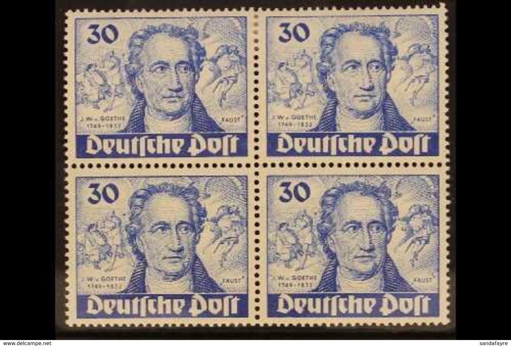 1949 30pf Dark Ultramarine "Goethe", BLOCK OF 4, Lower Right Stamp Bearing Plate Flaw, Mi 63/63I, Fine Mint, Lower Stamp - Other & Unclassified