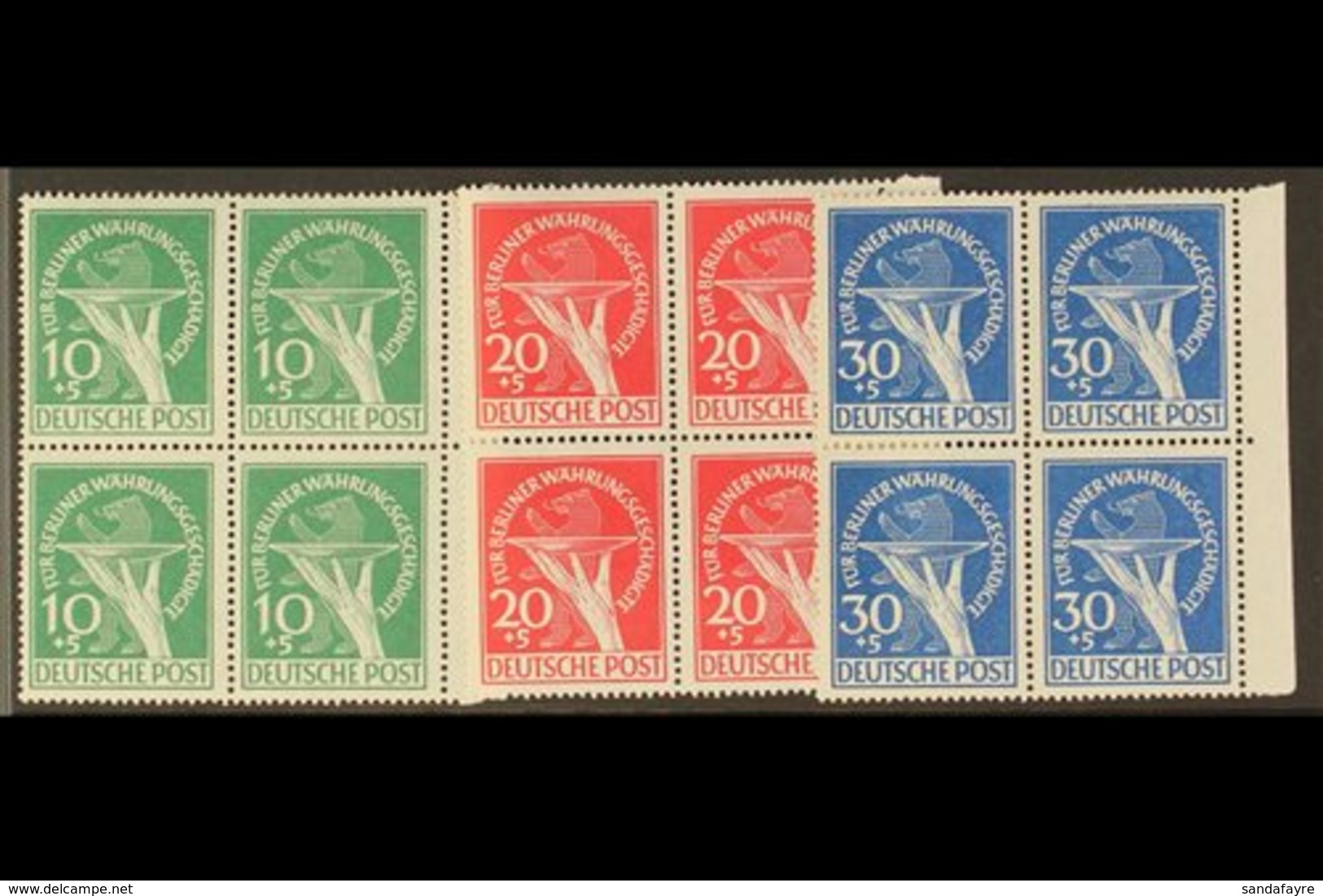 1949 Berlin Relief Fund Complete Set (Michel 68/70, SG B68/70), Never Hinged Mint Matching Marginal BLOCKS Of 4, Very Fr - Other & Unclassified