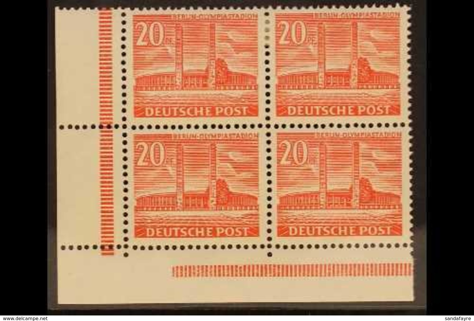 1953 20pf Bright Scarlet, Mi 113, SG B42b, Mint CORNER BLOCK Of 4, Both Lower Stamps Being Never Hinge Mint (4 Stamps) F - Other & Unclassified