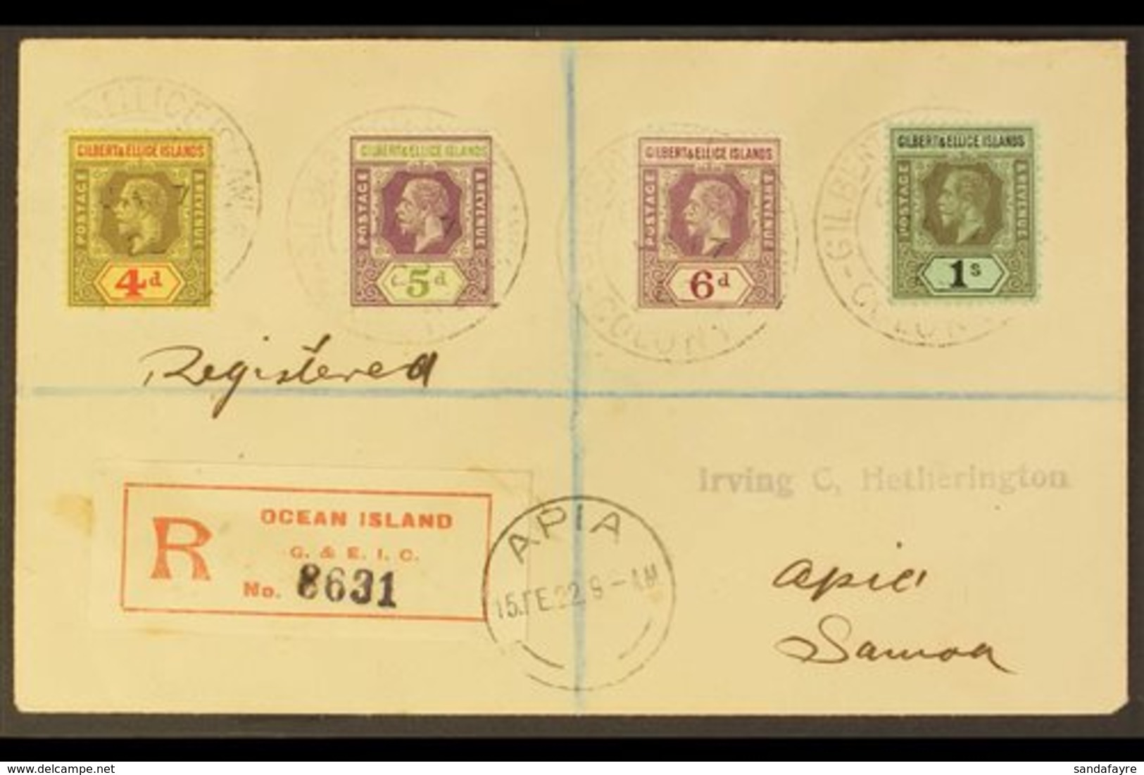 1922 (Jan) A Most Attractive Envelope Registered To Apia, Samoa, Bearing KGV 4d, 5d, 6d And 1s Tied GPO (Ocean Is) Cds's - Gilbert & Ellice Islands (...-1979)