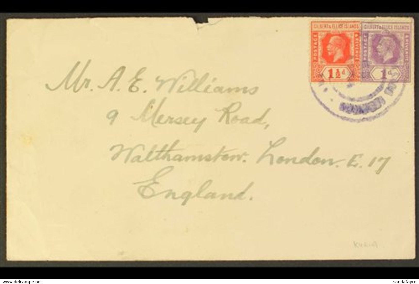 KURIA Envelope To England Bearing KGV 1d And 1½d Tied By Double Ring Violet Cds, Date Indistinct, Opening Tears At Top.  - Gilbert & Ellice Islands (...-1979)